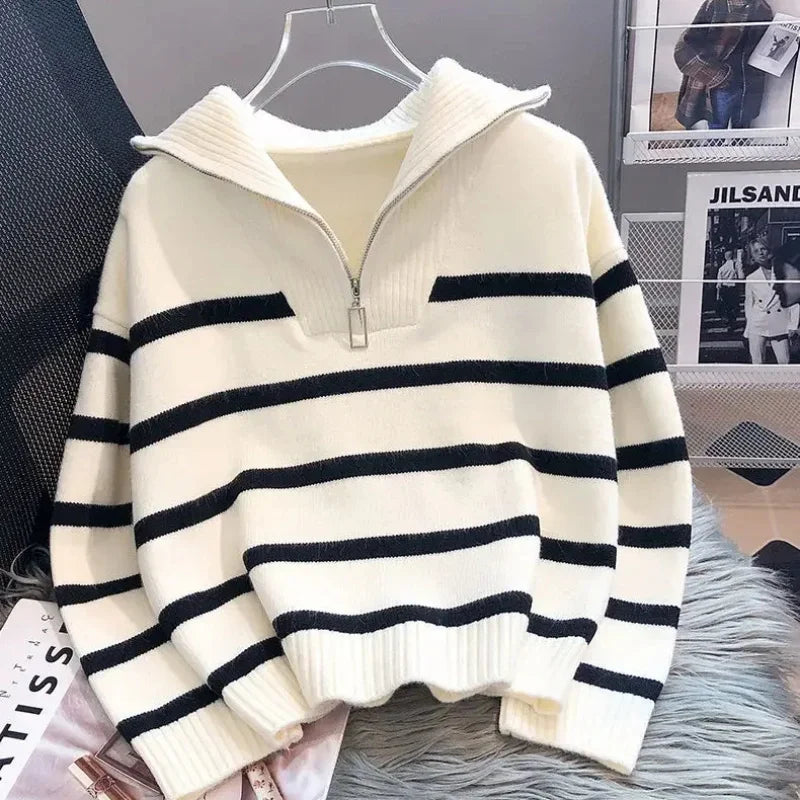 Eveloria Damen Pullover Mit Reißverschluss Weiß Gestreift - Eveloria