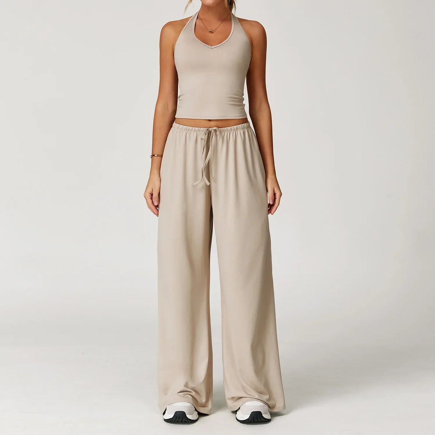 Damen Lounge Set Crop und Hose Baumwolle Beige