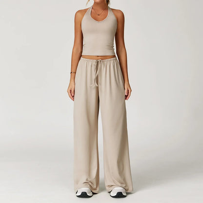 Damen Lounge Set Crop und Hose Baumwolle Beige
