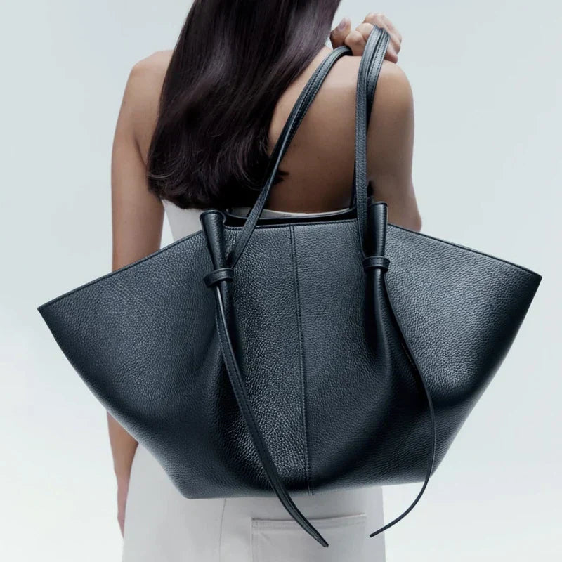 Damen Große Tote Tasche Leder Schleifendetail Lange Henkel Schwarz - Eveloria