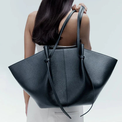 Damen Große Tote Tasche Leder Schleifendetail Lange Henkel Schwarz - Eveloria