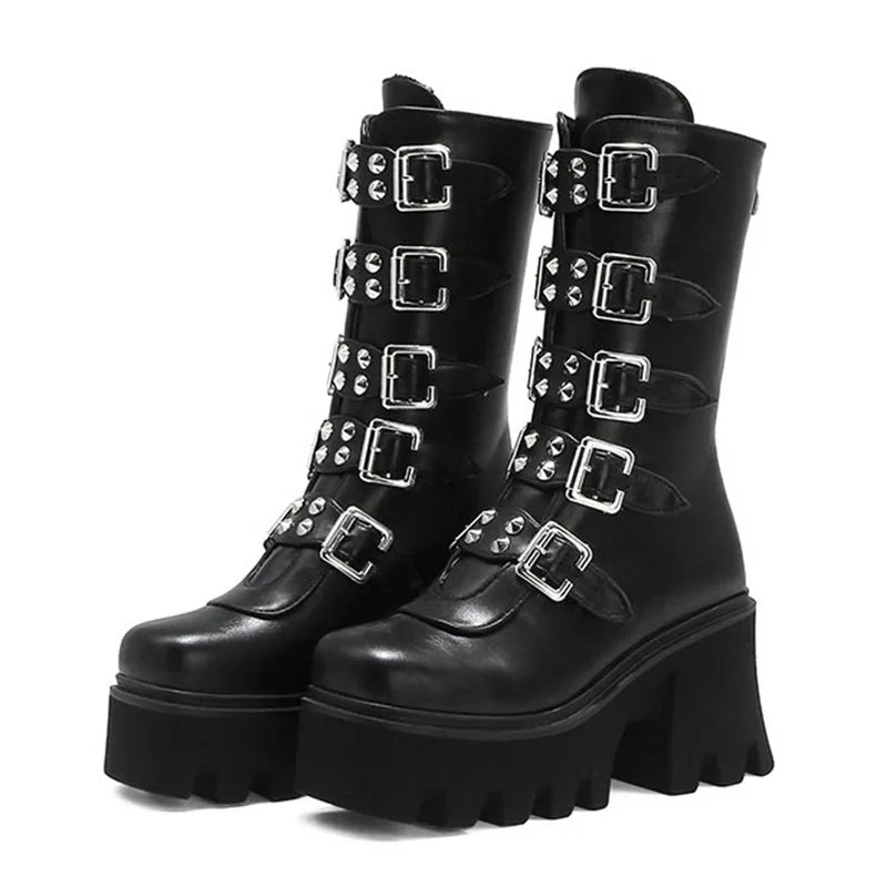 Damen Gothic Stiefel Schwarz Hochabsatz Chunky - Eveloria