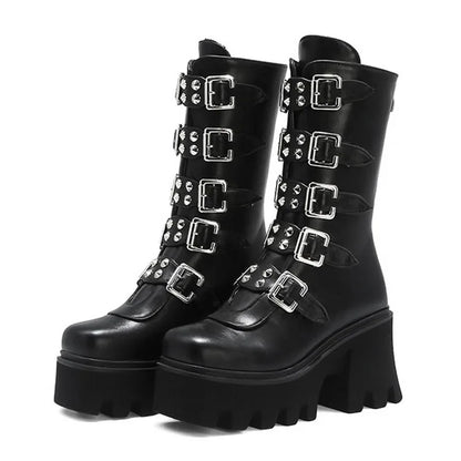 Damen Gothic Stiefel Schwarz Hochabsatz Chunky - Eveloria