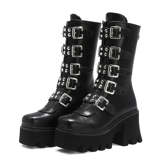 Damen Gothic Stiefel Schwarz Hochabsatz Chunky - Eveloria