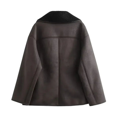 Damen Winterjacke Kunstleder Plüschfutter Breiter Kragen