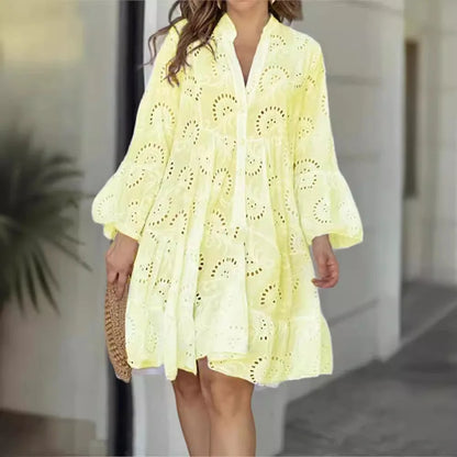 Damen Spitzenkleid Boho-Stil Knopfleiste Weite Ärmel