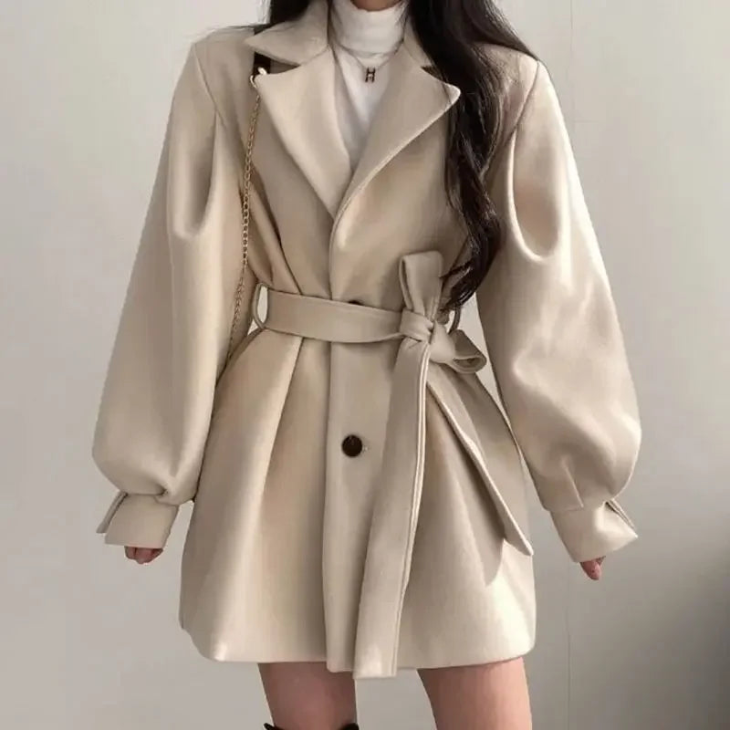 Damen Trenchcoat Puffärmel Bindegürtel Schwarz - Eveloria