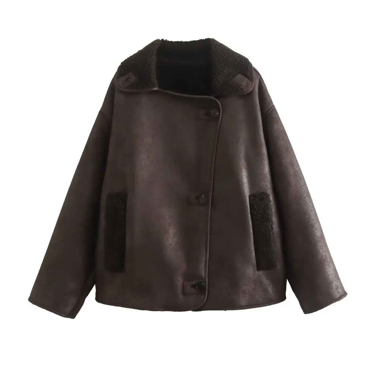 Damen Oversized Jacke Großer Reverskragen Knöpfe Fleecefutter