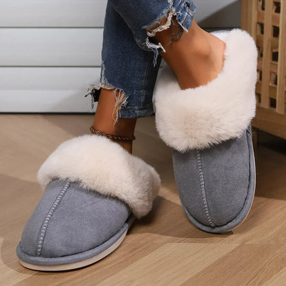 Damen Plüsch Mules Hausschuhe Weiches Futter Beige