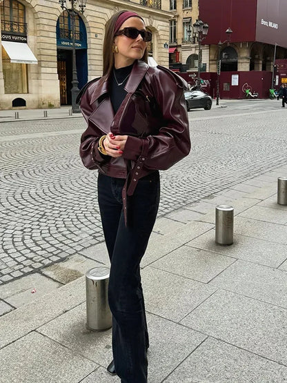 Damen Oversize Lederjacke Burgunder mit Gürtel