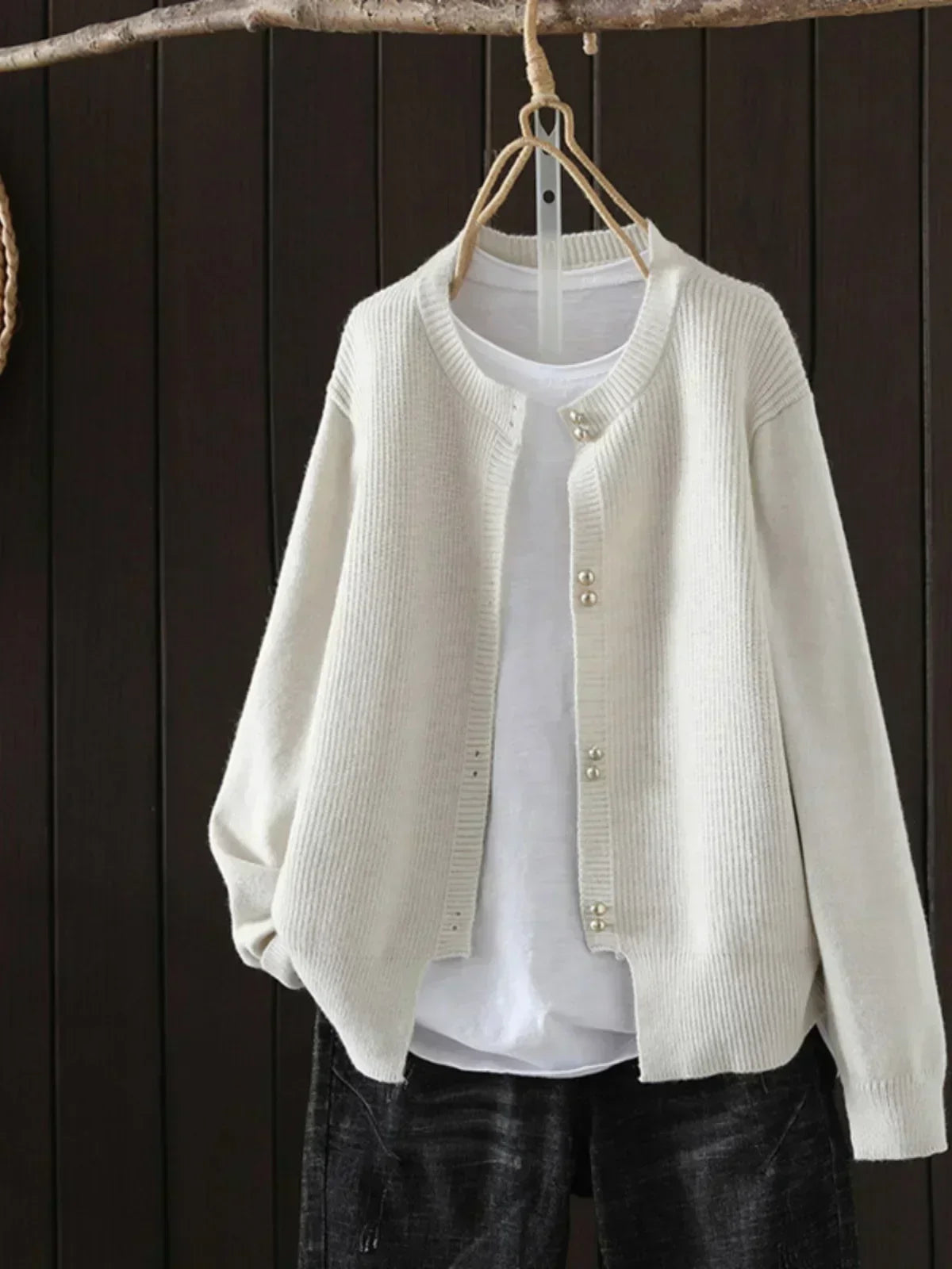 Damen Strickjacke Perlenknöpfe Elegantes Design Beige