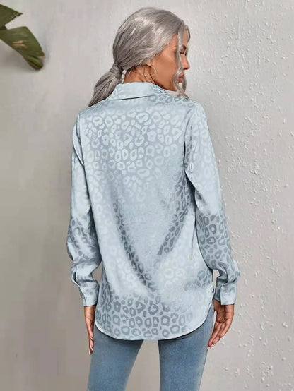Damen Bluse Glanz-Effekt Knopfleiste Reverskragen Langarm