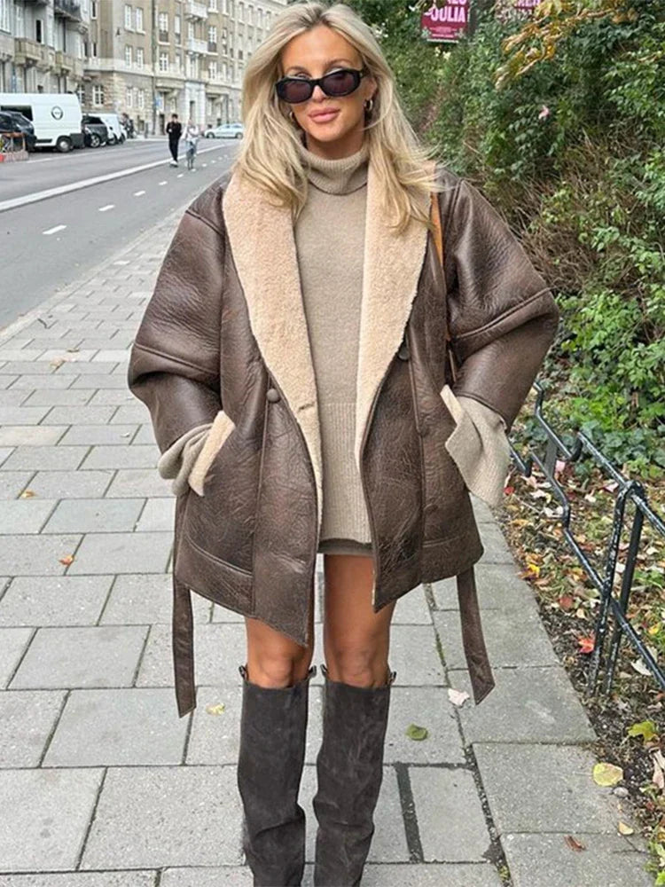Damen Kunstledermantel Oversized mit Taillengürtel