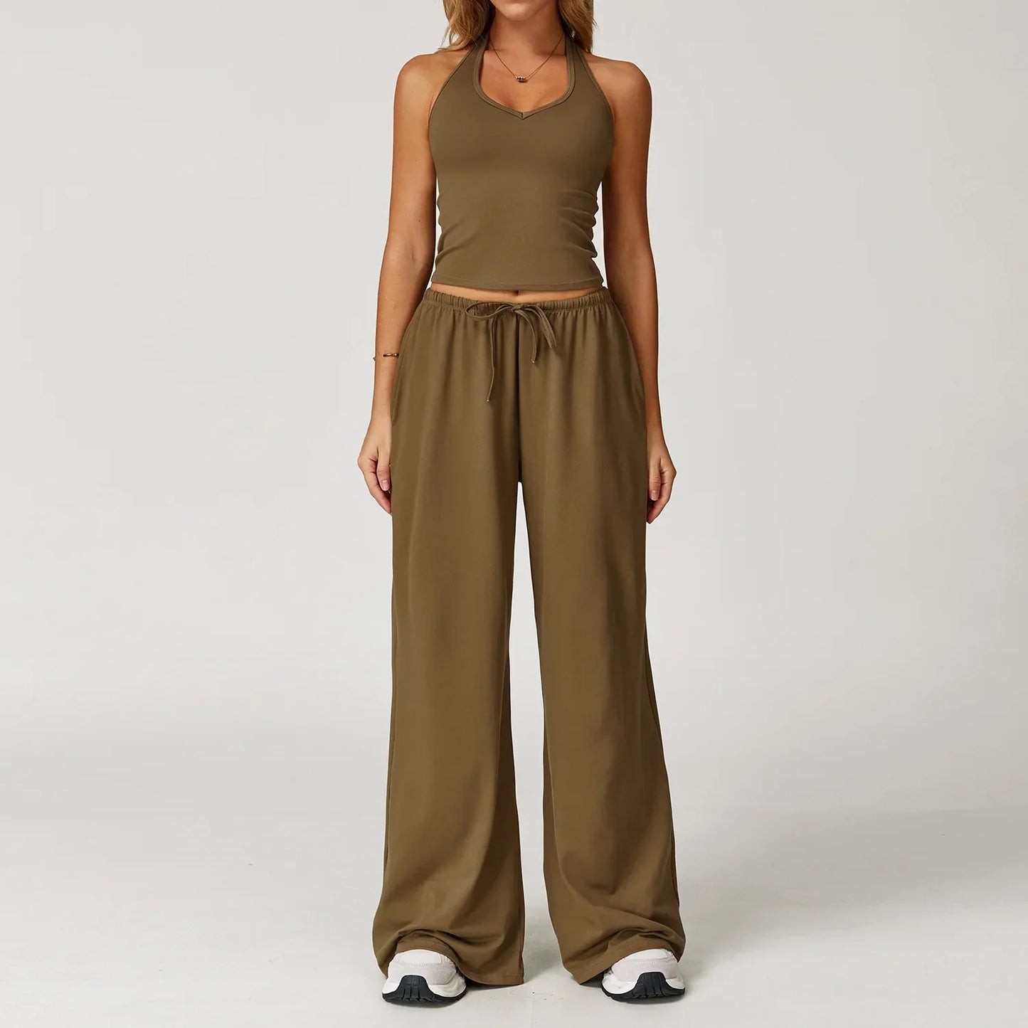 Damen Lounge Set Crop und Hose Baumwolle Beige