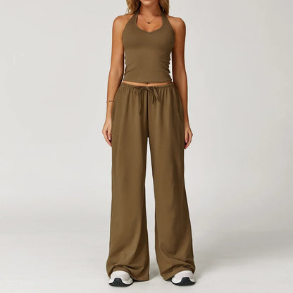 Damen Lounge Set Crop und Hose Baumwolle Beige