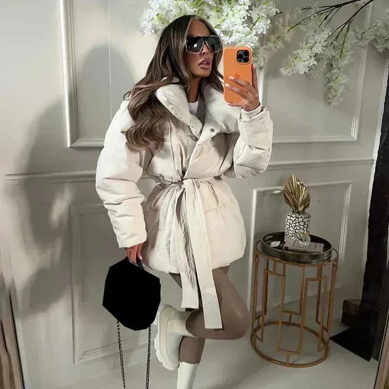 Damen Winterpufferjacke mit Gürtel und dicker Wattierung