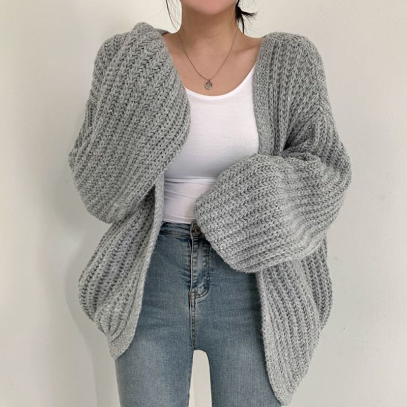Damen Strickjacke Grobstrick Offene Vorderseite Beige