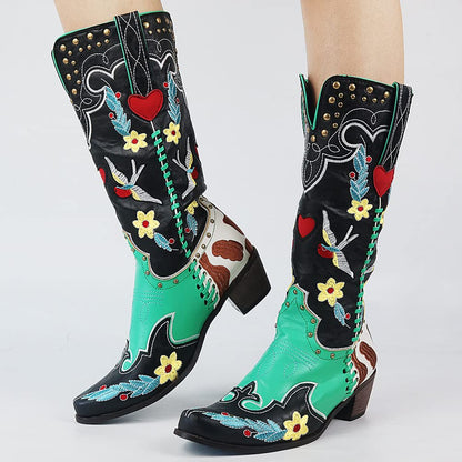 Damen Cowboy-Stiefel Bestickt Bunt Blumen Blockabsatz