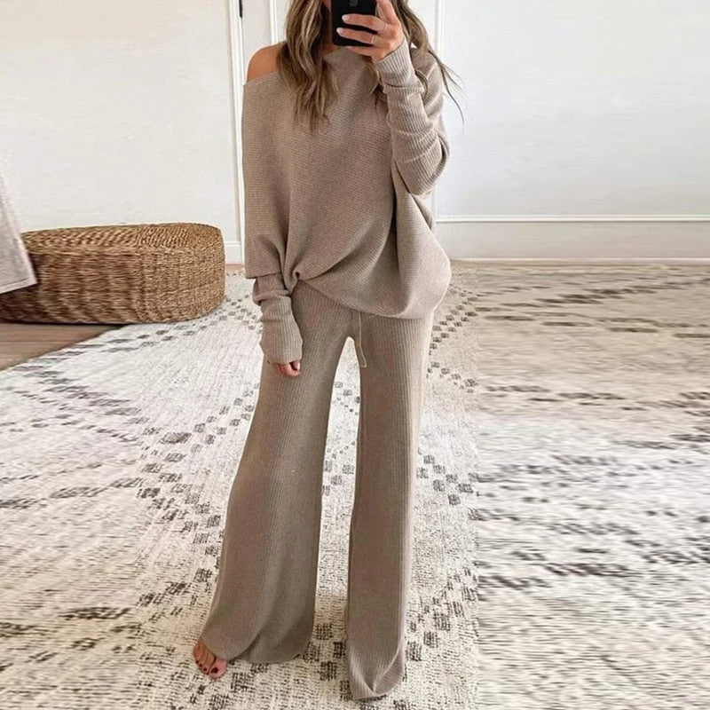 Damen Herbst Pullover Set Ein-Schulter-Modell mit lockerer Hose - Eveloria
