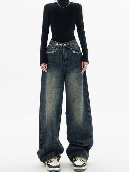 Damen Weite Jeans Gewaschener Denim
