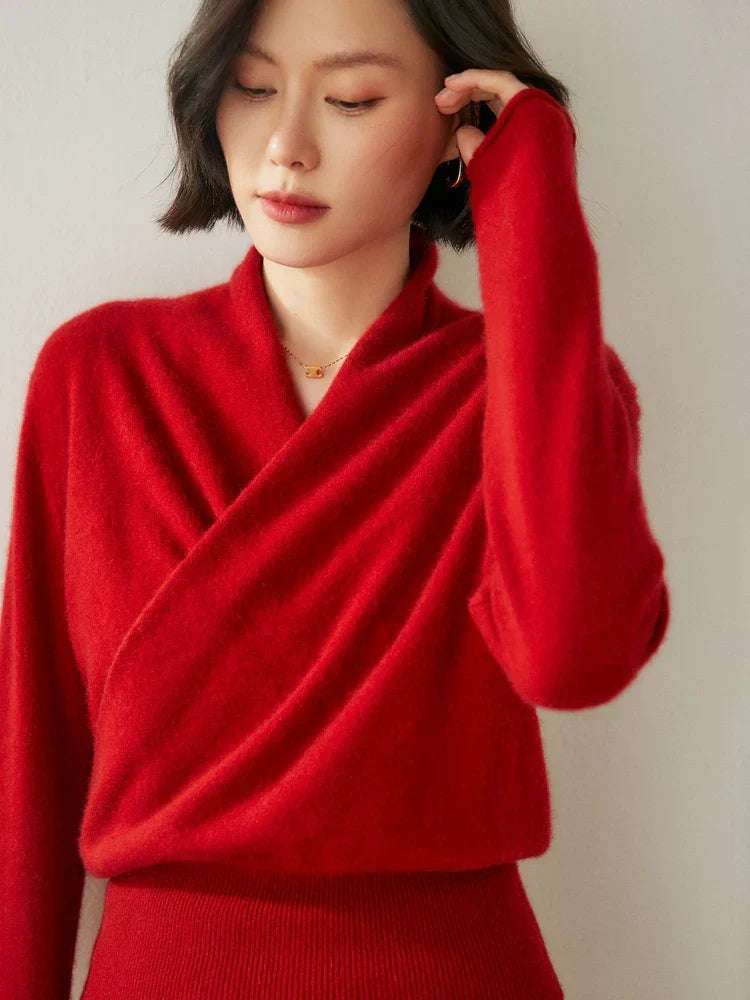 Damen Wickelpullover Elegantes Überkreuz-Design