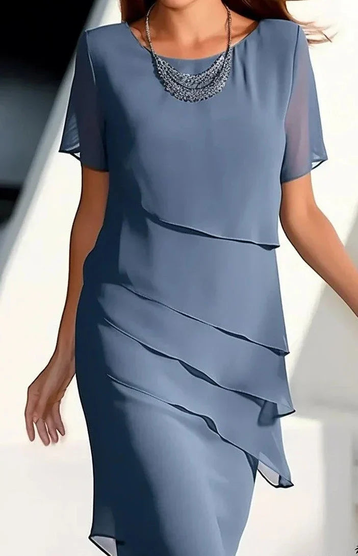 Damen Midikleid Rundhals Tailliert Volantärmel