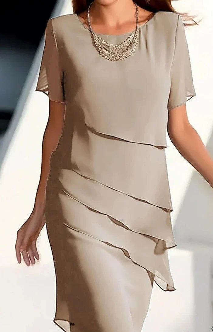 Damen Midikleid Rundhals Tailliert Volantärmel