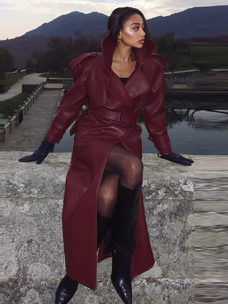 Damen Leder-Trenchcoat Lang