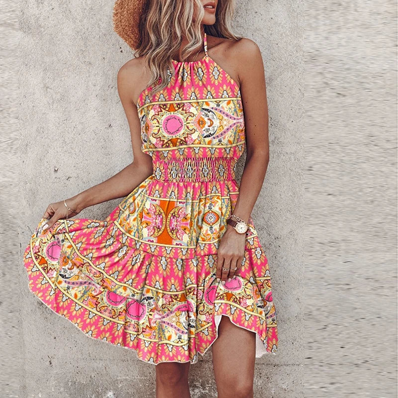 Ibiza Damen Mini Sommerkleid Ärmellos Tailliert Boho-Print - Eveloria