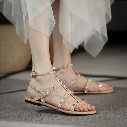 Damen Sandalen Flache Schuhe Leder Schwarz Große Größe - Eveloria