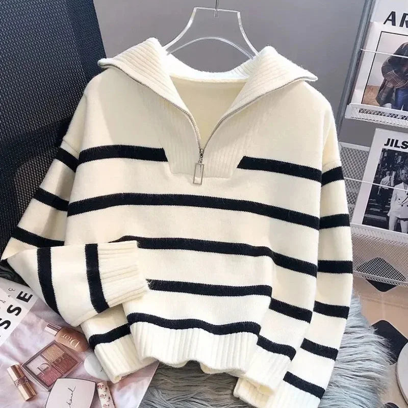 Eveloria Damen Pullover Mit Reißverschluss Weiß Gestreift