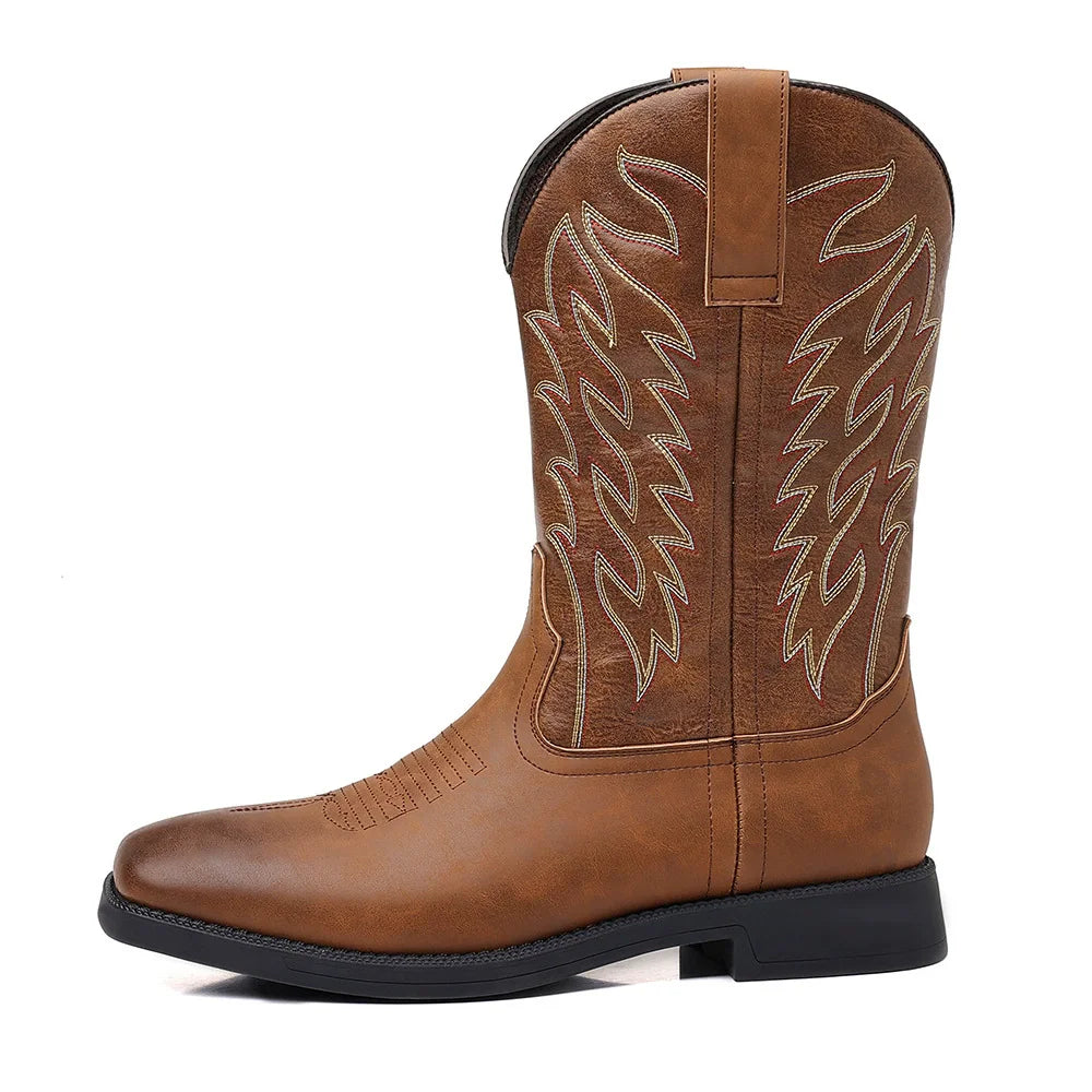 Herren Western Boots Mittelhoch Stickerei Braun