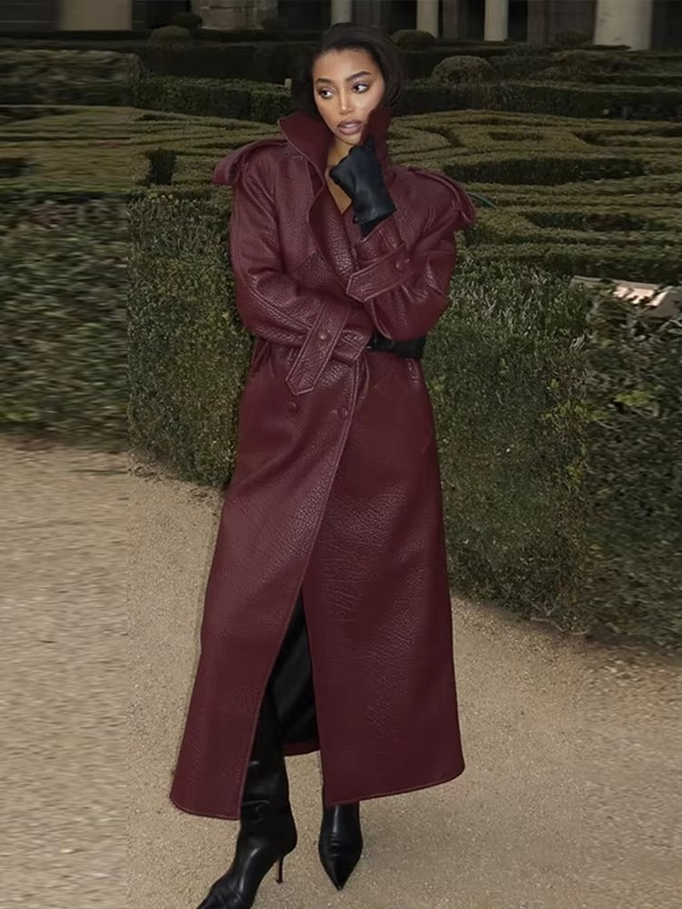 Damen Leder-Trenchcoat Lang