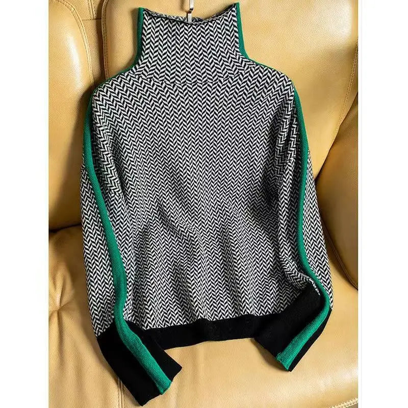 Damen Rollkragenpullover Fischgrät Muster Wollmix