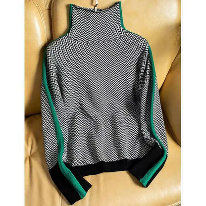 Damen Rollkragenpullover Fischgrät Muster Wollmix