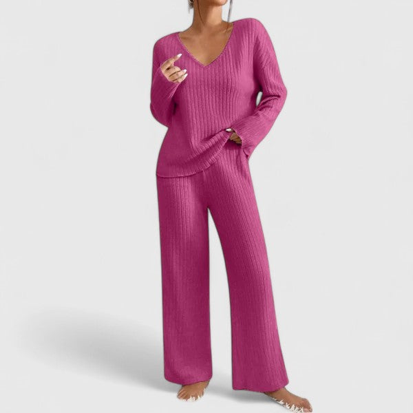 Damen Lounge-Set Rippstrick Weite Hose