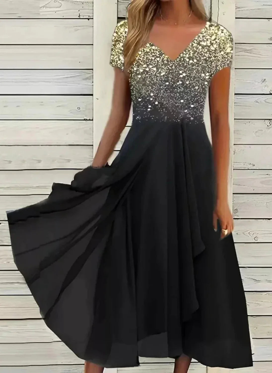 Damen Blumenmidi-Kleid V-Ausschnitt Kurzarm Elegant Sommer