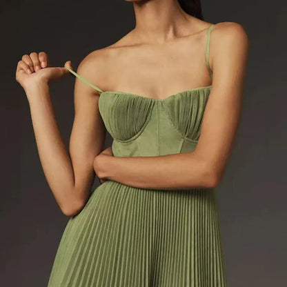 Eveloria Damen A-Linie Kleid Plissiert Grün