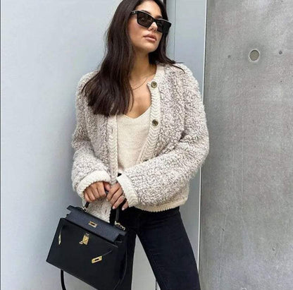 Damen Teddyjacke Kuschelig Weich Beige