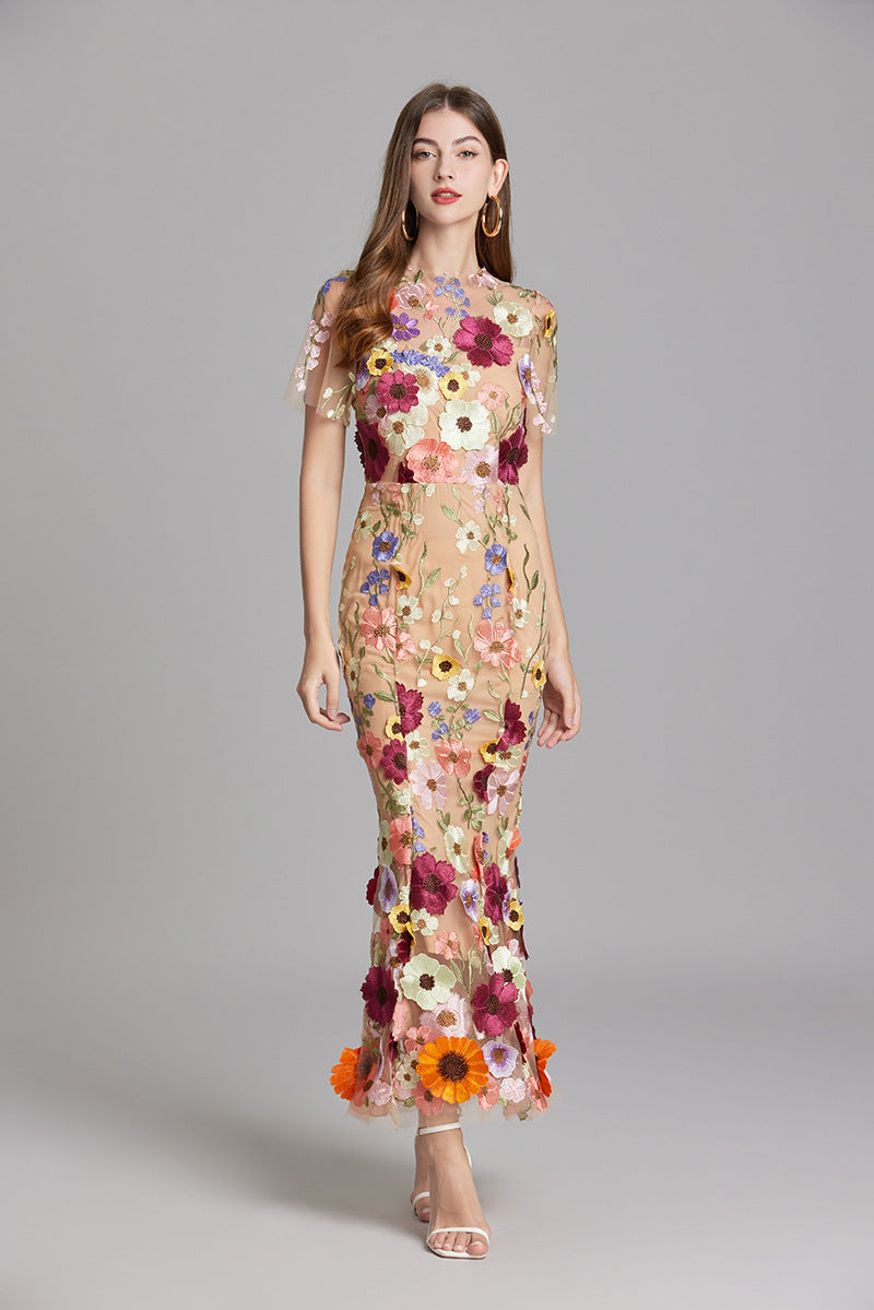 Damen Maxikleid Transparent mit Blumenstickerei