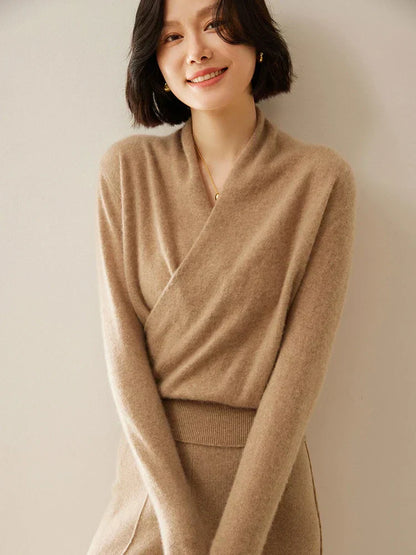 Damen Wickelpullover Elegantes Überkreuz-Design