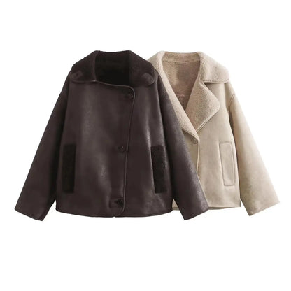 Damen Oversized Jacke Großer Reverskragen Knöpfe Fleecefutter