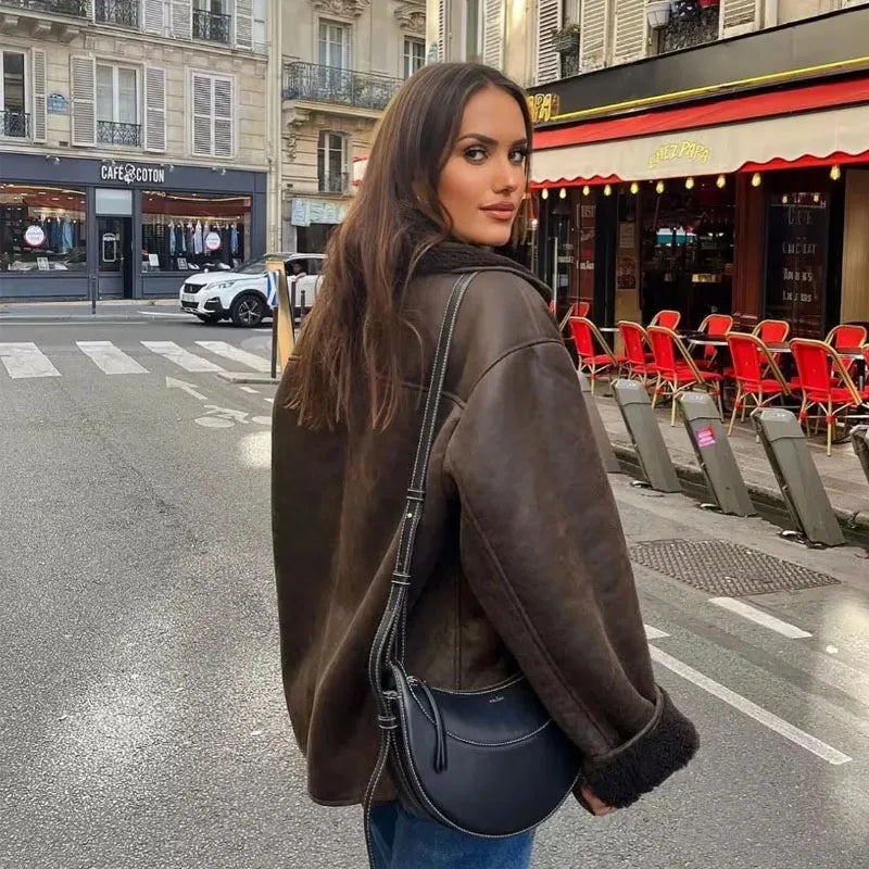 Damen Winterjacke Kunstleder Plüschfutter Breiter Kragen
