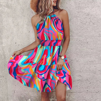 Ibiza Damen Mini Sommerkleid Ärmellos Tailliert Boho-Print