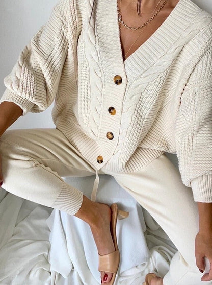 Eveloria Damen Cardigan Set aus Kaschmir mit Hose Beige