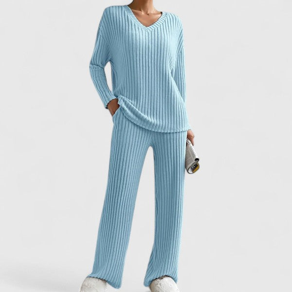Damen Lounge-Set Rippstrick Weite Hose