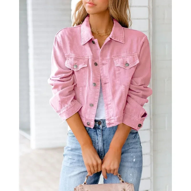 Damen Denim-Jacke Kurz Knopf Ärmel Blau