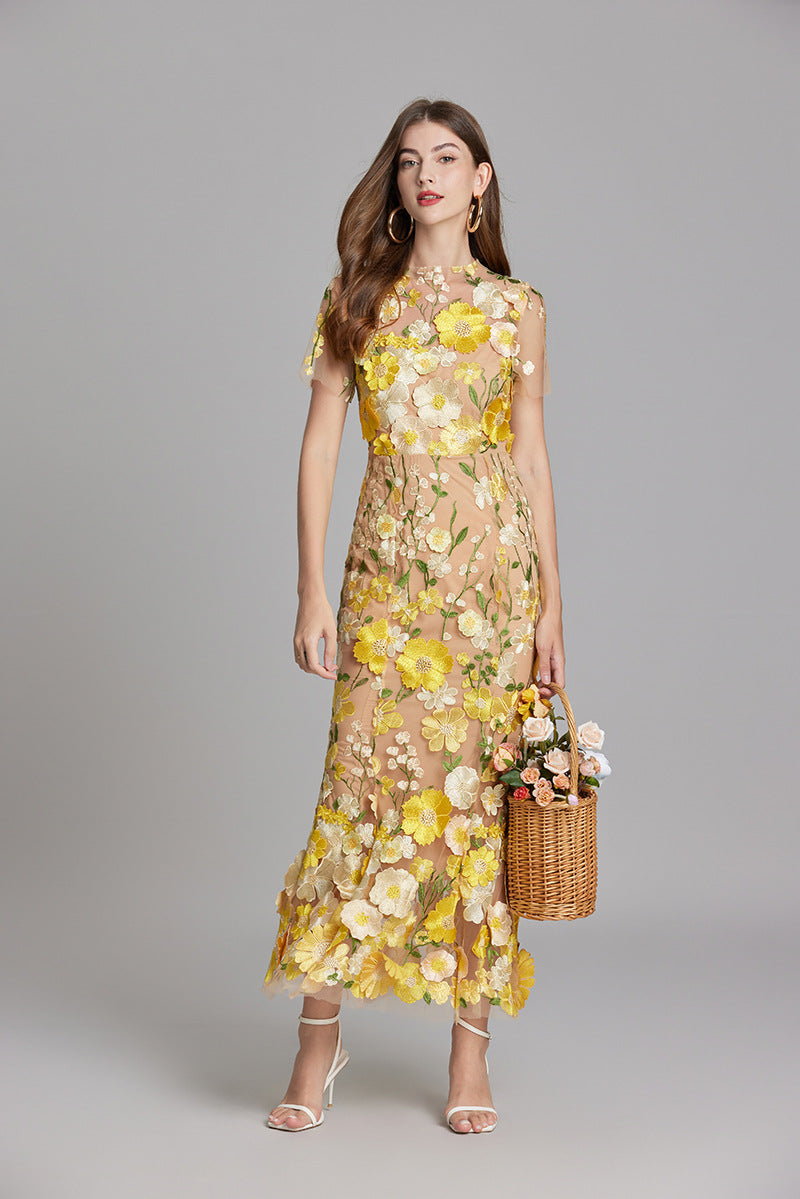 Damen Maxikleid Transparent mit Blumenstickerei