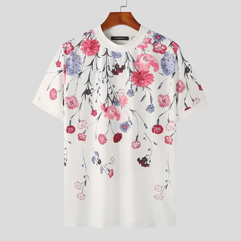 Herren Kurzarmshirt Floralmuster Baumwolle Blau