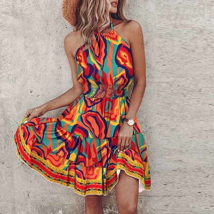 Ibiza Damen Mini Sommerkleid Ärmellos Tailliert Boho-Print